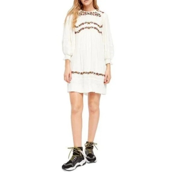 Free People Pasadena Ivory Cream Embroidered Mini Dress Long Sleeve Size Large - Picture 6 of 16